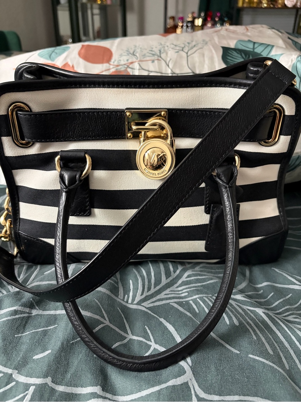 Michael Kors Black and White Striped Satchel with Gold Hardware